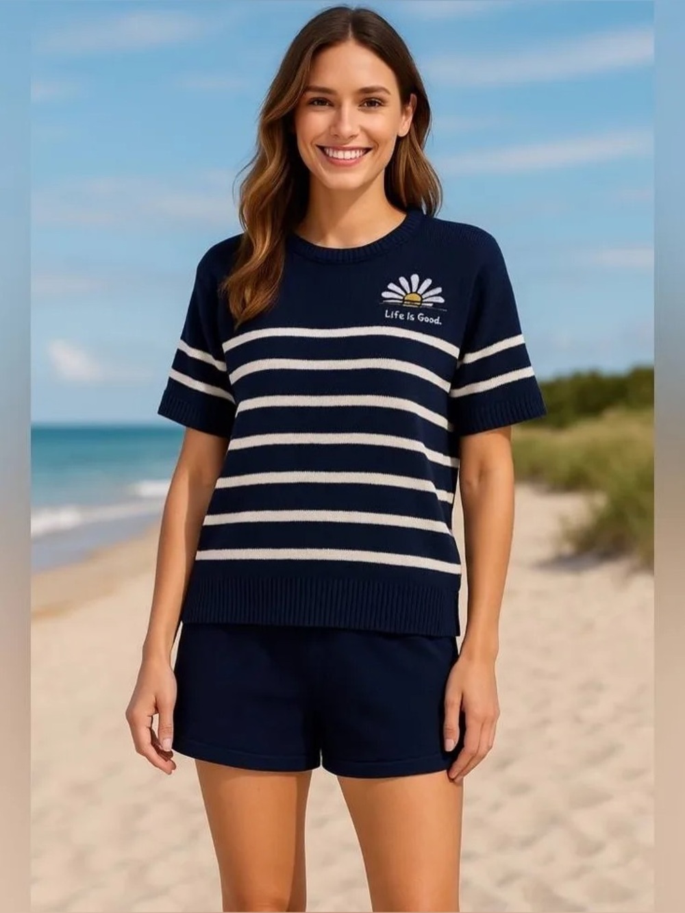 Life Is Good Navy & White Striped Daisy Knit Top and Shorts Lounge Set